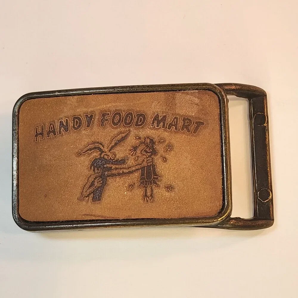 Vintage Handy Food Mart Belt Buckle Leather Brass? Looney Tunes Coyote Retro